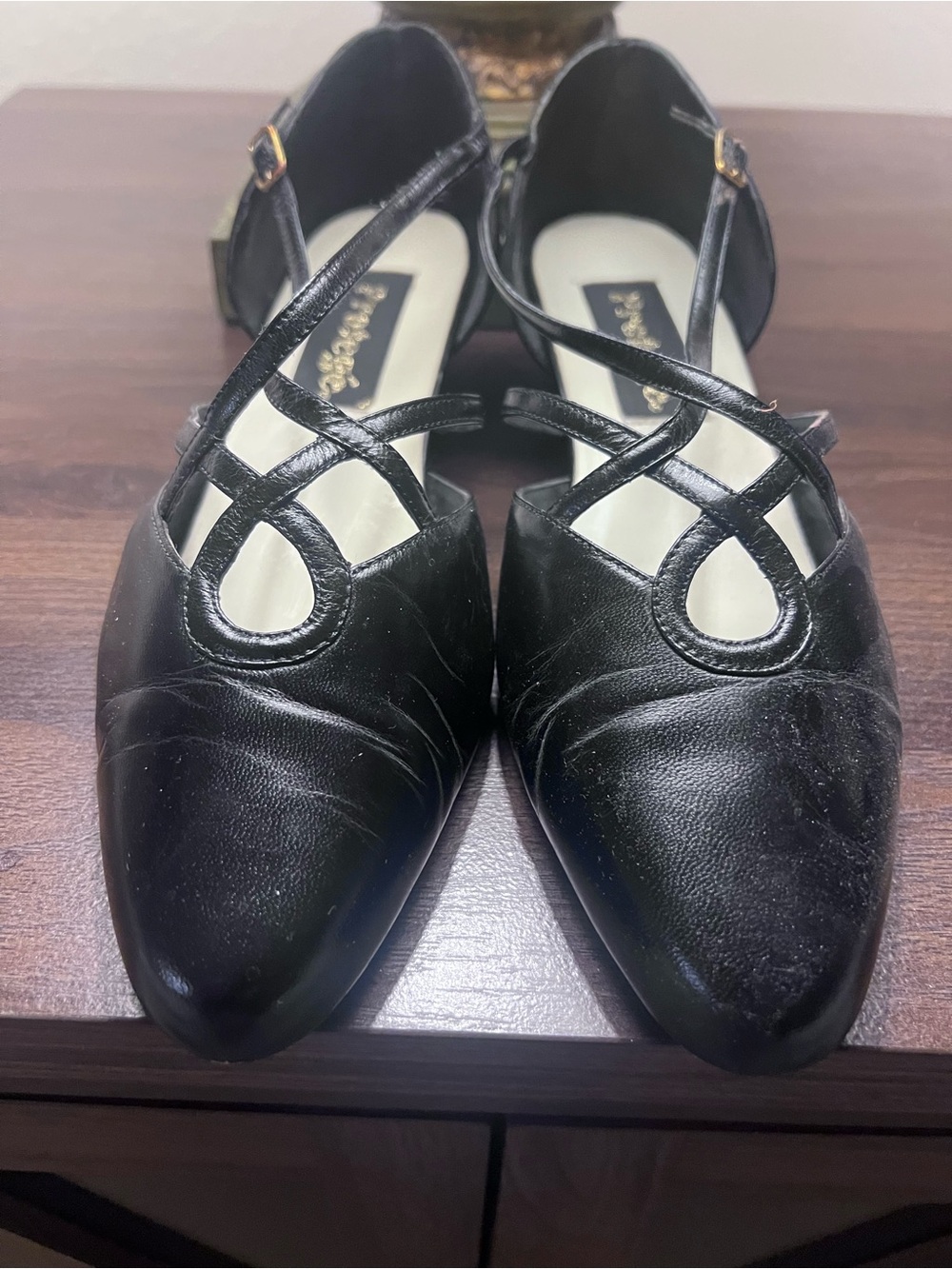 Protege Black Leather Pumps Strappy Ankle Strap Heels Sz 9.5M Dress Shoes Retro